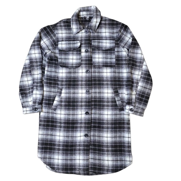 H&M Divided Shacket Black & White Plaid Flannel Long Jacket Coat Size XS - Picture 1 of 7